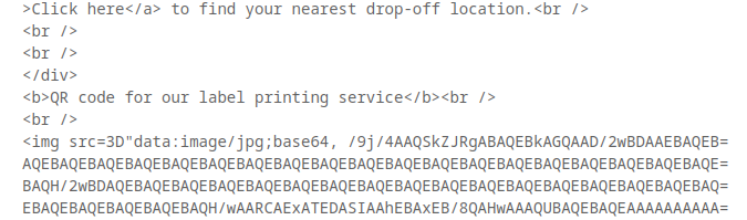 Excerpt of the source code of the email in which the QR code is embedded as a Base64-encoded image.